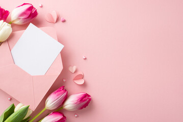 Love Blossoms: Shower your beloved with affection using top-view display of blooming tulips, heart-shaped ornaments, and handwritten invitation on pastel pink background. Ideal gesture for Woman's Day