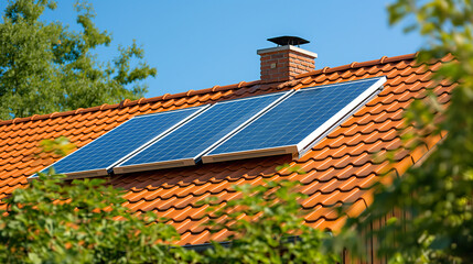 Solar Panel on Roof of House, Harnessing Renewable Energy for Sustainable Living. Generative AI.