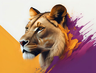 Kopf einer Löwin im Profil mit einem orange lila abstraktem Hals - obrazy, fototapety, plakaty
