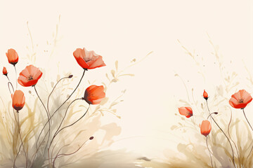 red poppies and lilies on grass frame, in the style of light beige and brown, minimalist landscapes