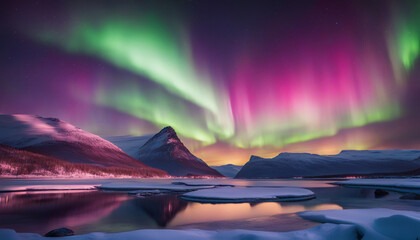 Aurora borealis. Pink northern lights above mountains