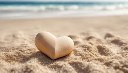 Fototapeta na wymiar Wooden heart of easy wood on the background of the beach. Summer concept