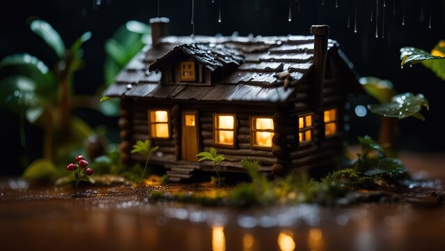 Miniature wooden house in the rain at night. Real estate concept in the jungle with dark background