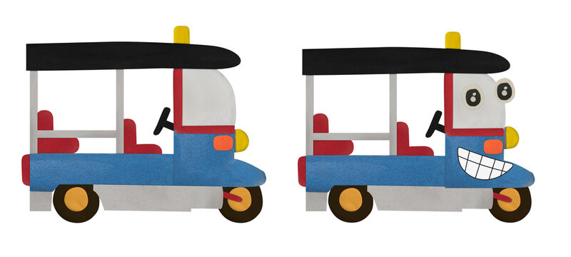 TuTuk Thailand Tricycle rickshaw motorcycle taxi made from colorful plasticine on white background