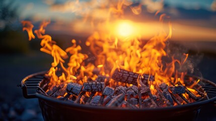Intense flames and embers in a charcoal grill during twilight. - obrazy, fototapety, plakaty
