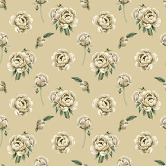 Floral watercolor seamless pattern with beige peony flowers, buds and green leaves on beige background