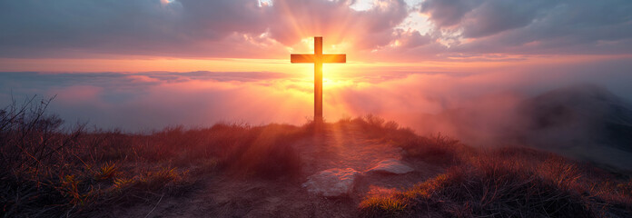 Sunset Cross on Hill, Symbol of Solace, Hope, and Faithful Reflection. Generative AI. - obrazy, fototapety, plakaty
