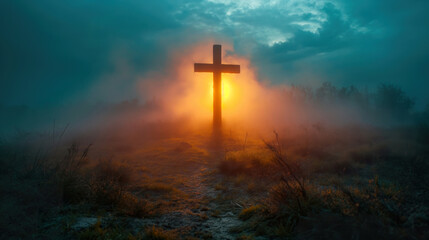 Obraz premium Cross Rising in Foggy Field With the Sun Behind It. Generative AI.
