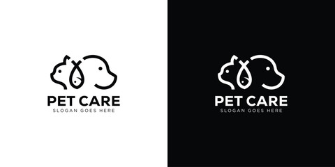 Creative Pet Shop, Dog Cat Fish with Linear Outline Style. Pet Care Logo Icon Symbol Vector Design Template.