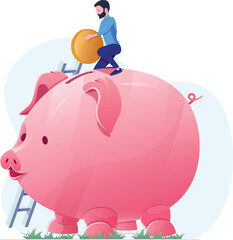 Man saving money by placing coin into giant piggy bank, financial concept. Savings growth, investor adding funds.