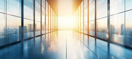 Elegant blurred interior of a bright modern office with floor to ceiling windows