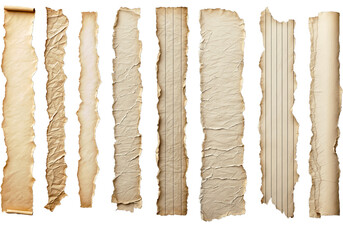 set of 8 sheets of old and torn paper strips with different textures and patterns - obrazy, fototapety, plakaty