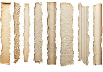 set of 8 sheets of old and torn paper strips with different textures and patterns