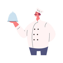 Professional chef elegantly serving meal in cover dome cloche, flat vector illustration isolated on white background. Chef in uniform presenting cooked food. Restaurant design element.