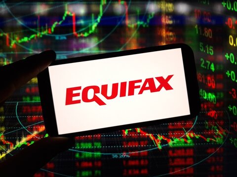 Konskie, Poland - January 24, 2024: Equifax company logo displayed on mobile phone
