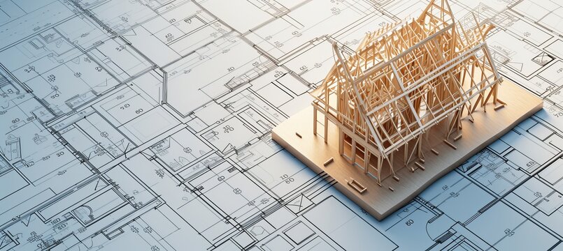 Wooden frame house model on blueprints, building project with text space and customization options