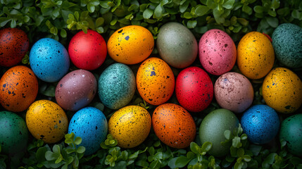 Obraz premium Group of Colorful Eggs on Lush Green Field. Generative AI.