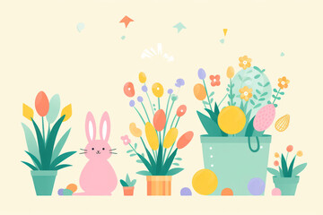 Cute Easter Bunny with Colorful Flowers on a Green Background - Happy Springtime Greeting Card Design