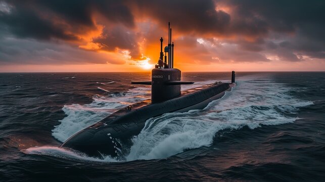 A black submarine cuts through the open sea, its tower prominent against a backdrop of an overcast sky 