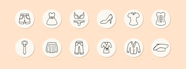 Clothes set line icon. Dress, sundress, robe, jeans, heels, overalls, shoes, socks, shirt, underwear, bra, shoes. Pastel color background Vector line icon for business and advertising