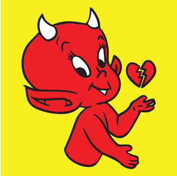 Whimsical illustration of a cute little red devil holding a broken heart, set against a vibrant yellow background. Ideal for themes of love, heartbreak, mischief, and playful devilry.