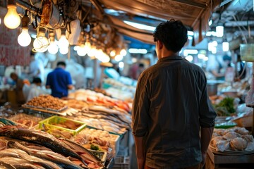 Fototapeta premium A man at the traditional fish market. Shopping at the fish market