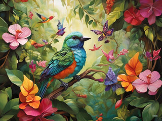 beautiful bird on tree branch and flower background