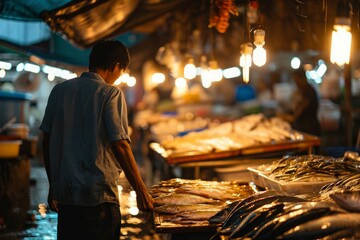 A man at the traditional fish market. Shopping at the fish market - obrazy, fototapety, plakaty