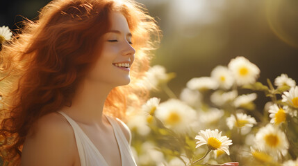 Young woman smiling happily while looking at daisy flowers_Generative AI