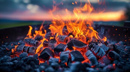 Intense flames and embers in a charcoal grill during twilight.
