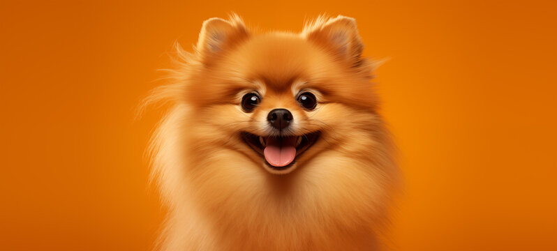 Happy Pomeranian with solid orange background
