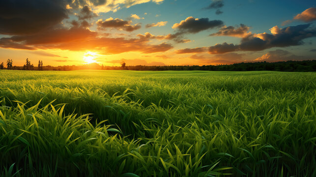 wonderful epic nature landscape of a sun rising at the horizon with a grass field in front