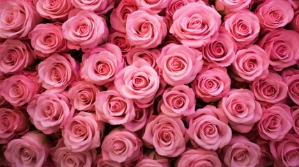 Naklejka premium Background, texture of pink roses. Top view, close-up. A bouquet for a birthday.