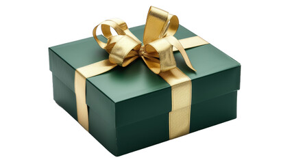 Fototapeta premium Green gift box with golden ribbon isolated on transparent background