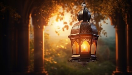 Fototapeta premium Ramadan Lantern Islamic Ornament Blurry Bokeh Background