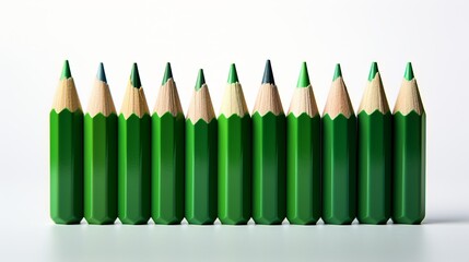 Green pencils with white outer on white background for stationery and office supplies concept