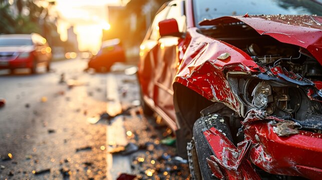 Dramatic car crash scene on busy city road with emergency vehicles and shattered glass