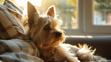 Dog basking in the warm sunlight on a cozy home couch.