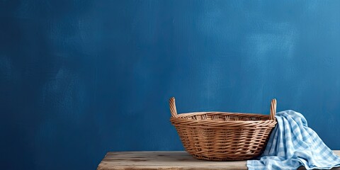 Fototapeta na wymiar Wicker basket with tablecloth on rustic table against blue wall background. Kitchen mockup for design and product display.