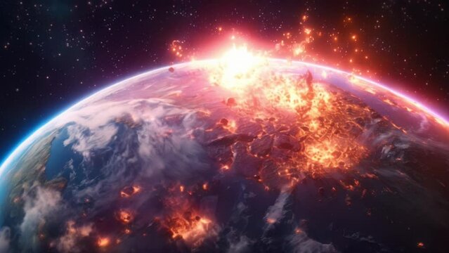 A catastrophic explosion on Earth seen from space. Fire engulf the planet.