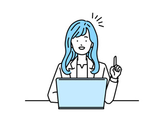 PCを操作しながら指差しポーズをする女性ビジネスパーソン(会社員)
