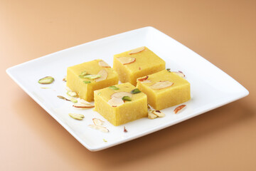 Indian sweet dish Badam barfi or Almond pedha burfi made from milk and almond