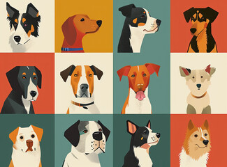 Cute dogs doodle illustration in the style of colorful animation stills