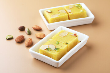 Indian sweet dish Badam barfi or Almond pedha burfi made from milk and almond
