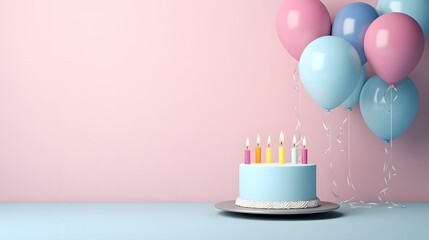 minimal happy birthday cake and balloons with copy space, Candle, pink and blue, colorfull, pastel colors, Valentine, Surprise, wall backdrop
