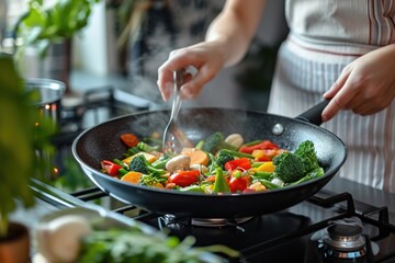 Woman cooking vegetables on a frying pan on electric stove - obrazy, fototapety, plakaty