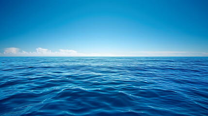 Obraz premium Deep blue ocean waves panorama with sun reflection, clear sky.