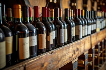 Wine collection on wooden rack