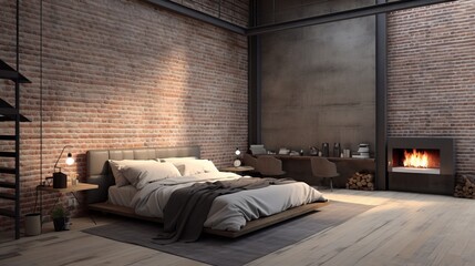 Inviting loft bedroom with brick wall, cozy fireplace, and comfortable bed with pillow and coverlet