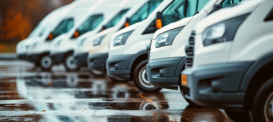 Row of white delivery vans parked, copy space for text placement, transporting service company image
